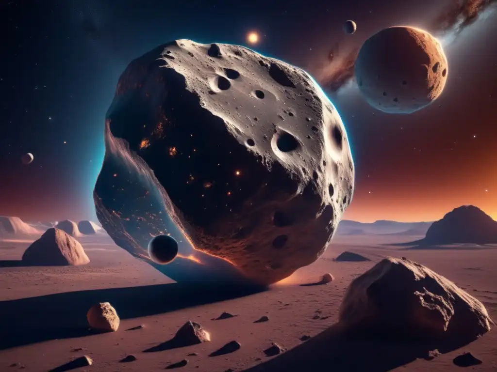 A celestial journey in glorious 8k detail - an asteroid orbits a distant star, its surface etched with intricate craters