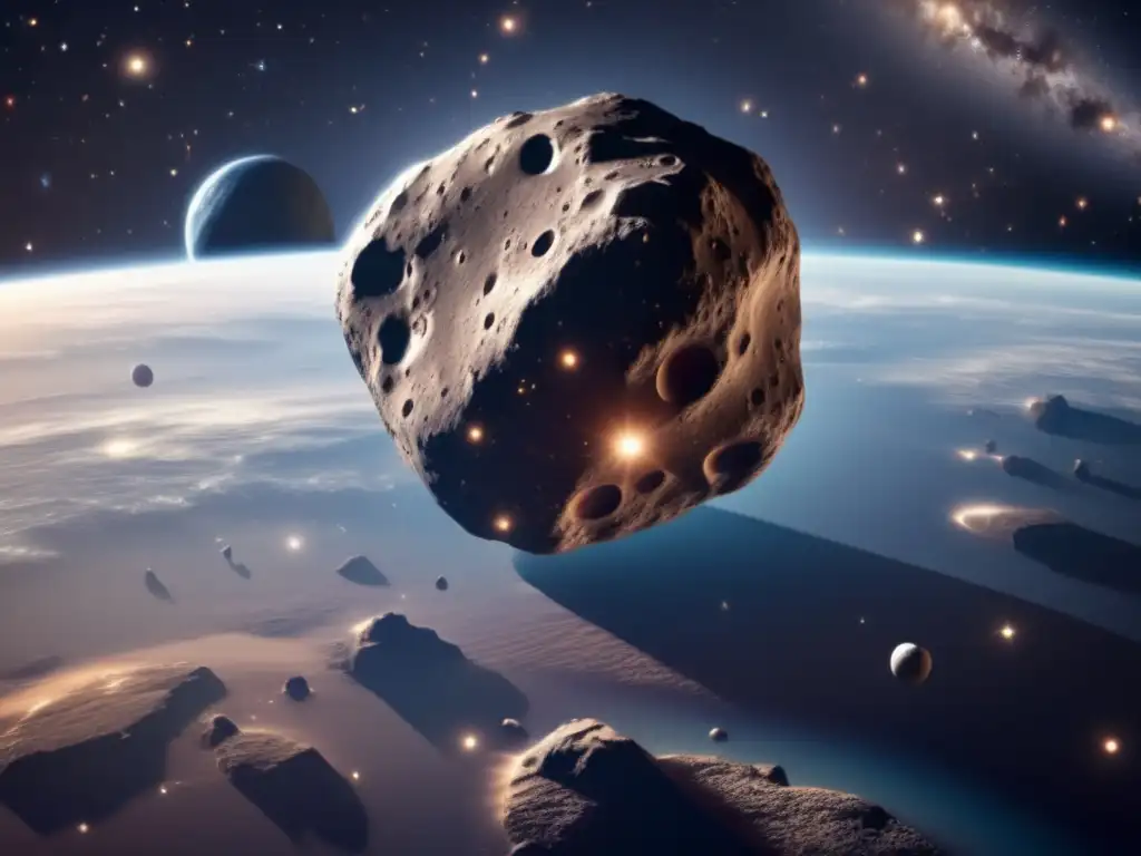 Planet Earth orbits through the cosmos, its starry sky blending into infinity, while a tiny asteroid zips past towards a distant point in space
