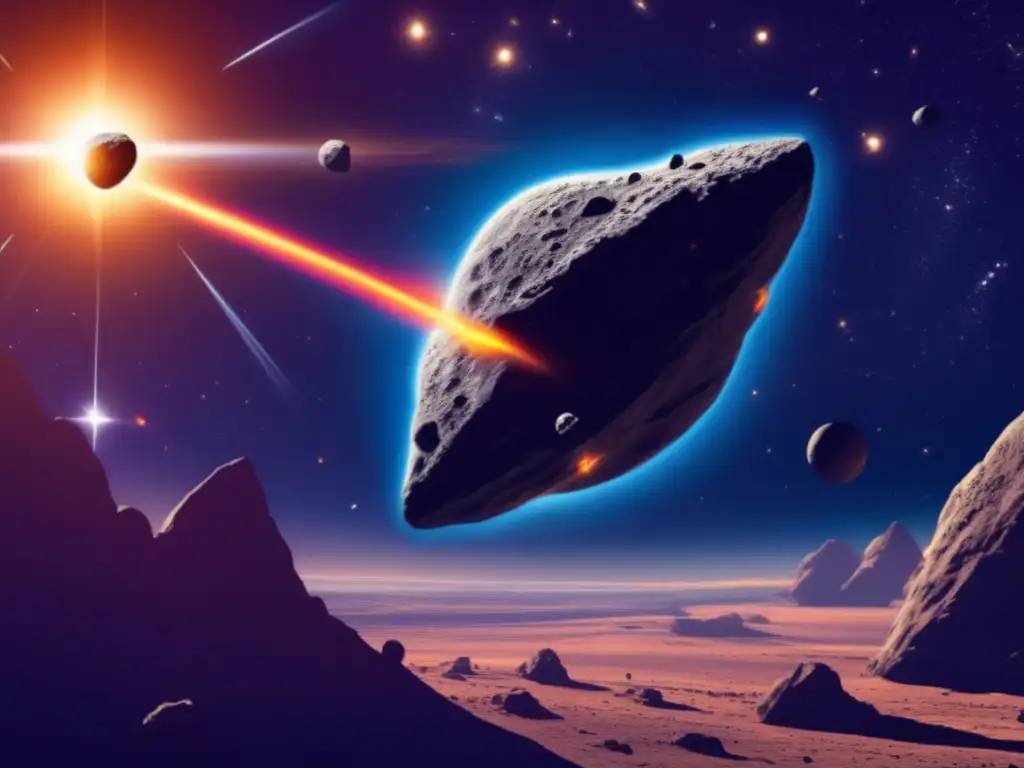 A stunning photographic depiction of two asteroids closing in on one another, with a illuminated sun casting their paths past each other