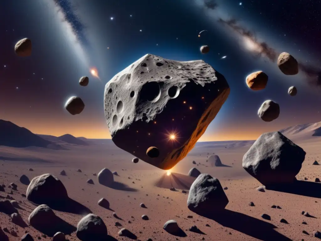 A breathtaking photograph of asteroids orbiting around a distant star, with a close-up view of their intricate surface textures and patterns