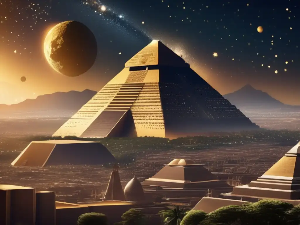 Asteroid hovers over Mesoamerican cityscape, bathed in golden light, while intricate details and textures dominate its metallic surface