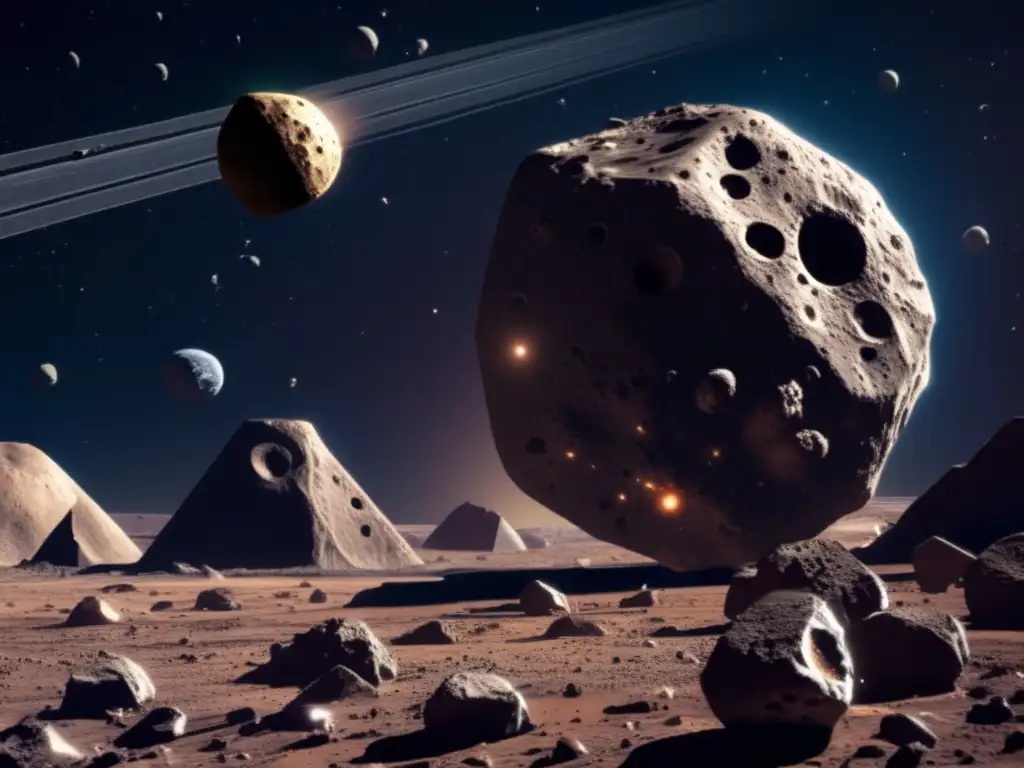 An 8k photorealistic image shows asteroid Pallas, pockmarked with craters and ridges, looming in the background