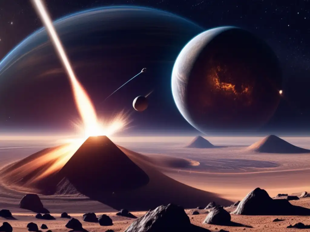Asteroid Impact: Searching for Life Amidst Destruction in Space A photorealistic depiction of a spacecraft orbiting a barren, earthlike planet amidst a meteor shower