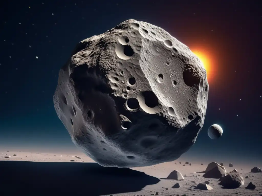 A photorealistic depiction of Asteroid Peleus, captured in high-resolution, showcases its rough and craggy surface with intricate details
