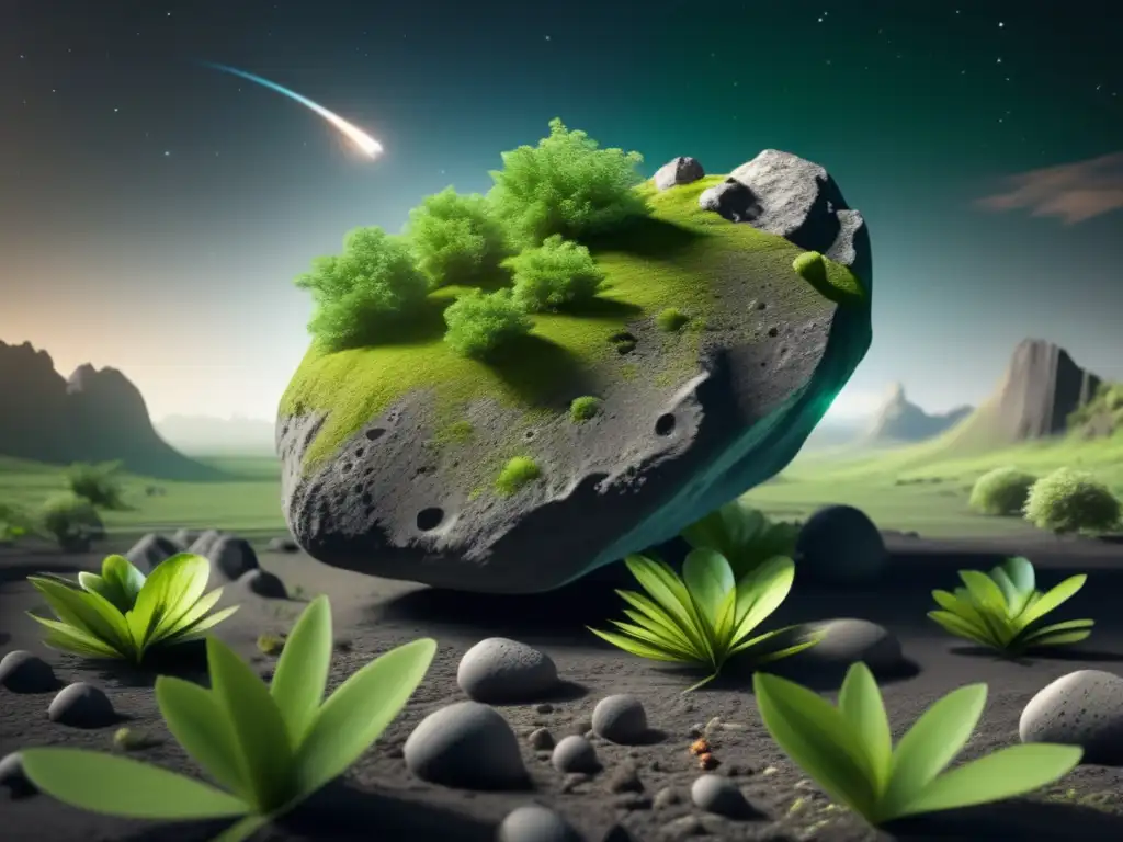 Grey Rocks Meet Green Life: A Wonderful Asteroid Encounter An enchanting photograph of an asteroid covered in lush vegetation creates a captivating contrast