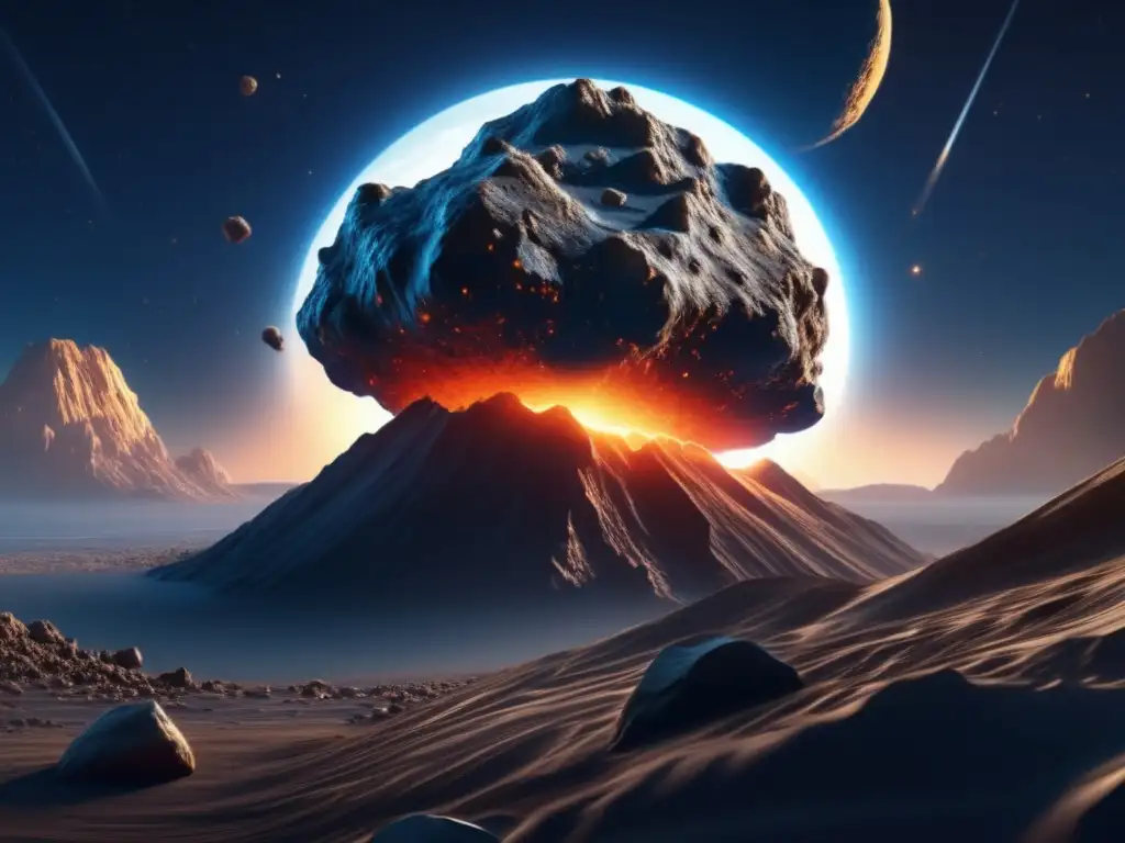 A breathtaking 8k image of an asteroid tumbling through the sky, with a glowing silhouette against the dark blue sky andripples in the atmosphere