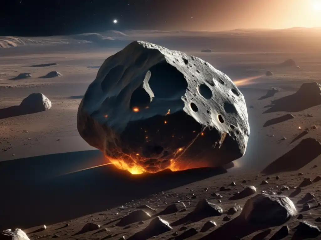 A captivating photorealistic concept artwork of Asteroid Podalirius, showcasing its rugged, cratered surface with muted earthy colors