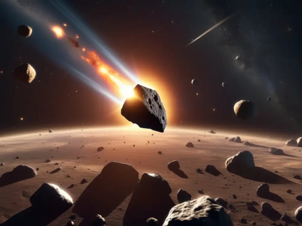 A solitary asteroid podalirius glides through space, surrounded by asteroid rocks and other debris
