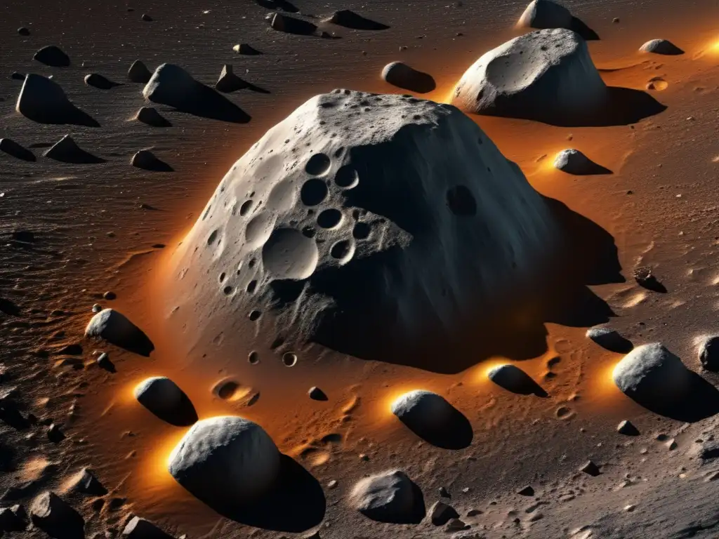 A closeup view of Asteroid Proserpina's surface shows off its rugged terrain, with vivid colors of rust and red tones