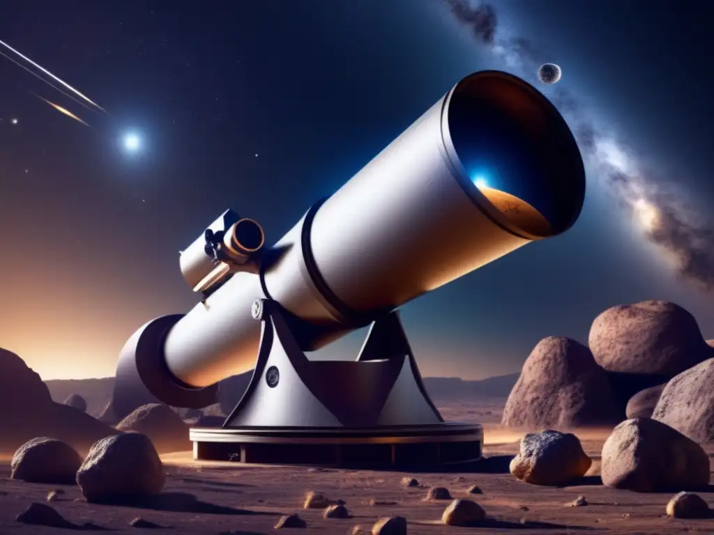 Discovering the beauty of asteroid Proserpina: a stunning photograph of a telescope with a perfectly focused lens pointing towards the sky, with Proserpina hovering in the center, surrounded by intricate details such as craters, rocks, and erratic dust trails, captured in a photorealistic style to create an ultradetailed and mesmerizing image for the article 'Discovering The Composition Of Asteroid Proserpina