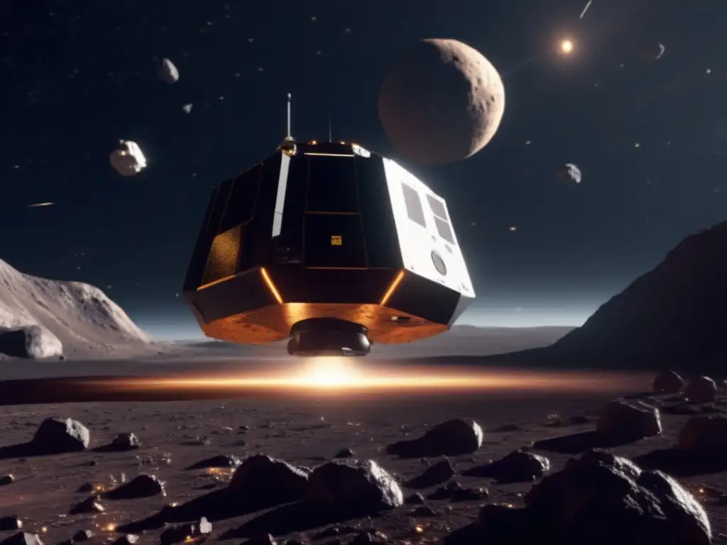Photorealistic image of a spacecraft docking at an asteroid mining facility on a rotating asteroid