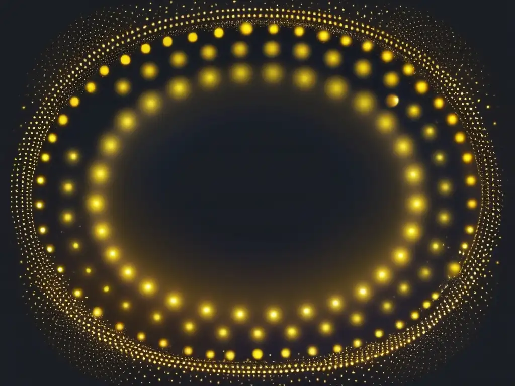 Pulsing Gold Rings Narrow to Nebula-AI Dot A mesmerizing dance of dots, pulsating in sync to a rhythmic beat, forms a ring shape that slowly narrows down to a crisp line