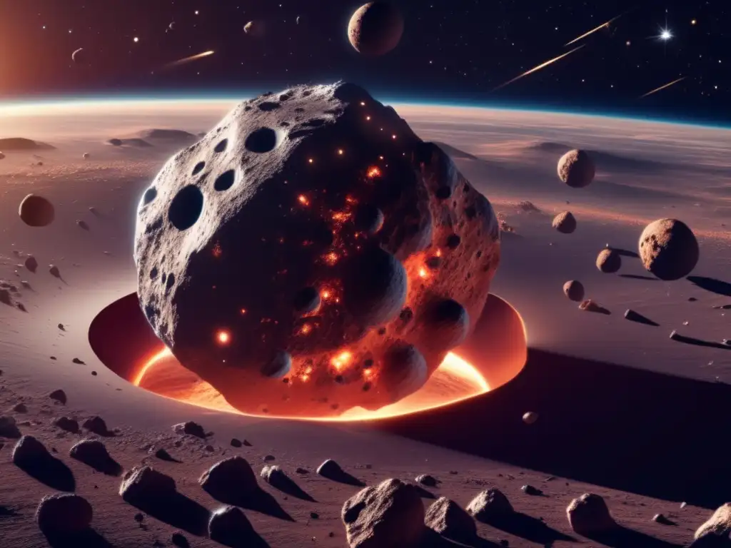 Celestial Wonders: Orbiting Asteroid with Flying Dust Orbiting through a barren, scarlet-hued asteroid, pulverized debris swirls in space