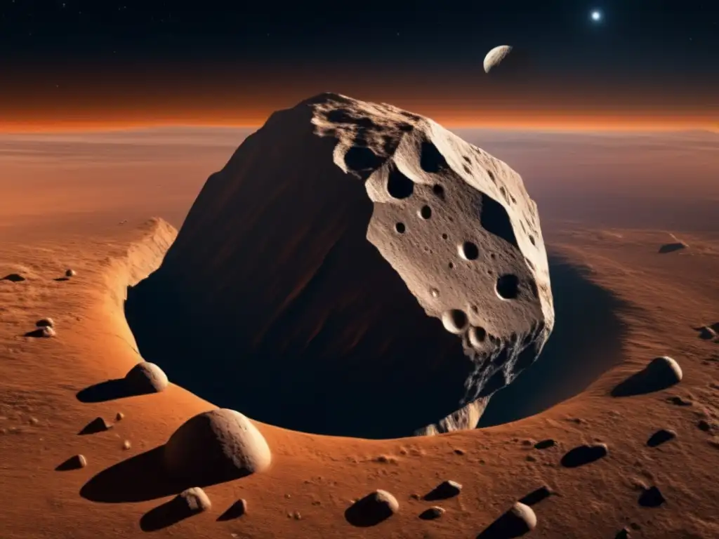 A Glimpse into the Enigmatic World of Asteroid Pylamenes Dash-A stunning photorealistic illustration of Pylamenes asteroid showcases its irregular shape, craters, rilles, and rocky terrain in high detail