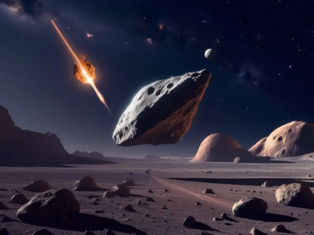 Asteroid Soaring: A Photorealistic Look at the Future of Space Research A photorealistic image of a spacecraft soaring through space, approaching a large, rocky asteroid in the distance