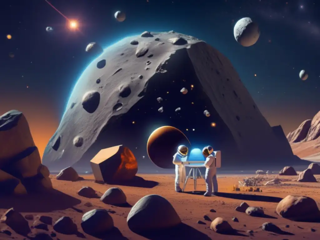 Cosmic Researchers Probe Asteroid for Potential Life A highly detailed image of cosmic researchers studying an asteroid's composition and potential for harboring life