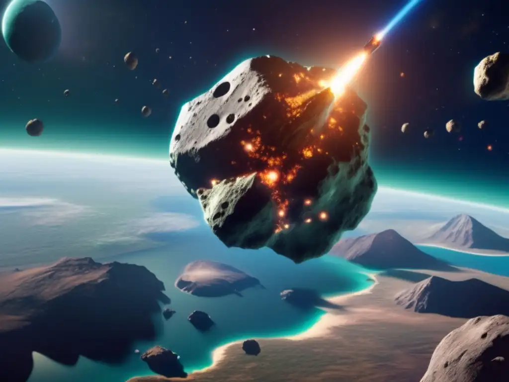 A photorealistic image of a bluegreen Earth with a massive asteroid hovering over it, surrounded by smaller ones in motion