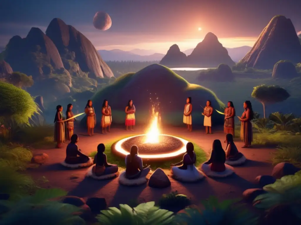 Indigenous tribe gathered around a glowing asteroid in the midst of lush green foliage, performing an ancient ritual with warm lighting illuminating their faces