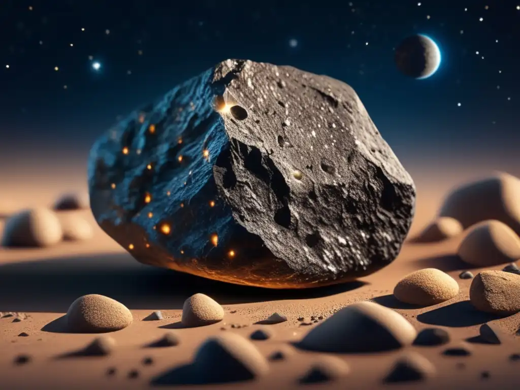 A captivating closeup of a small, textured asteroid rock radiating natural light, highlighting its unique and intricate features