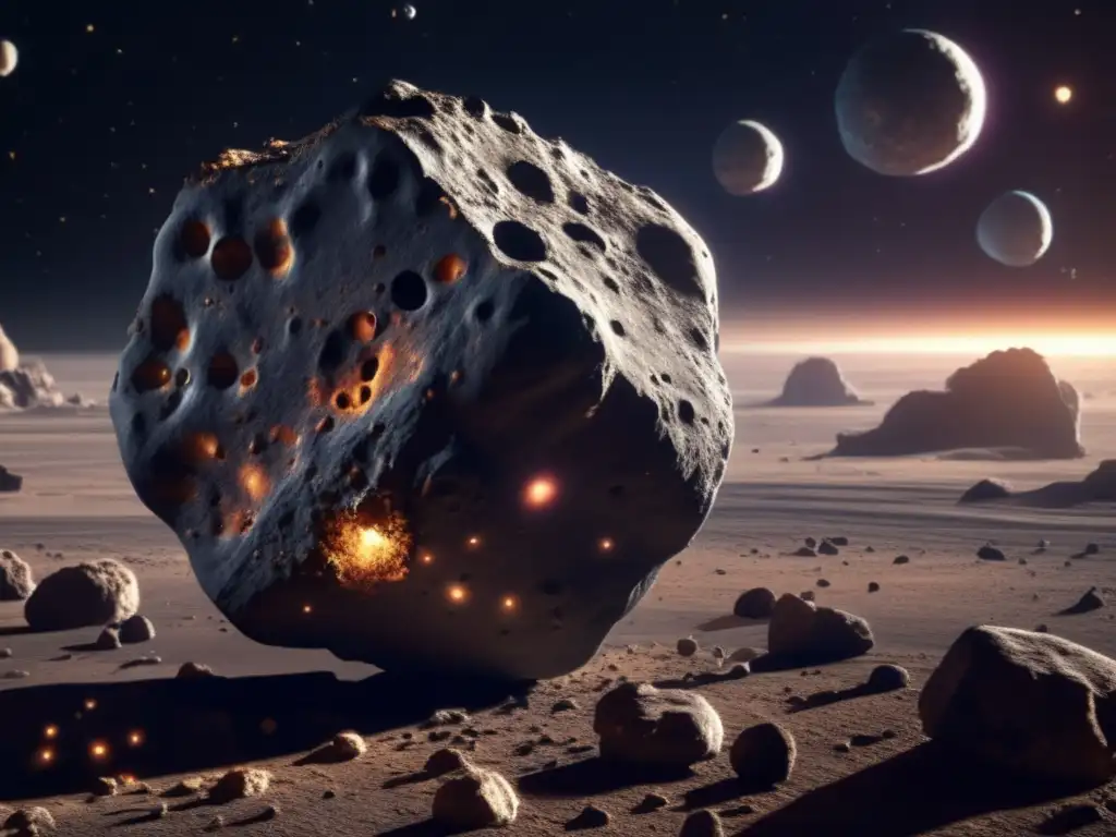 In the void of space, a rugged asteroid looms, its jagged surfaces a testament to the harsh conditions of the universe