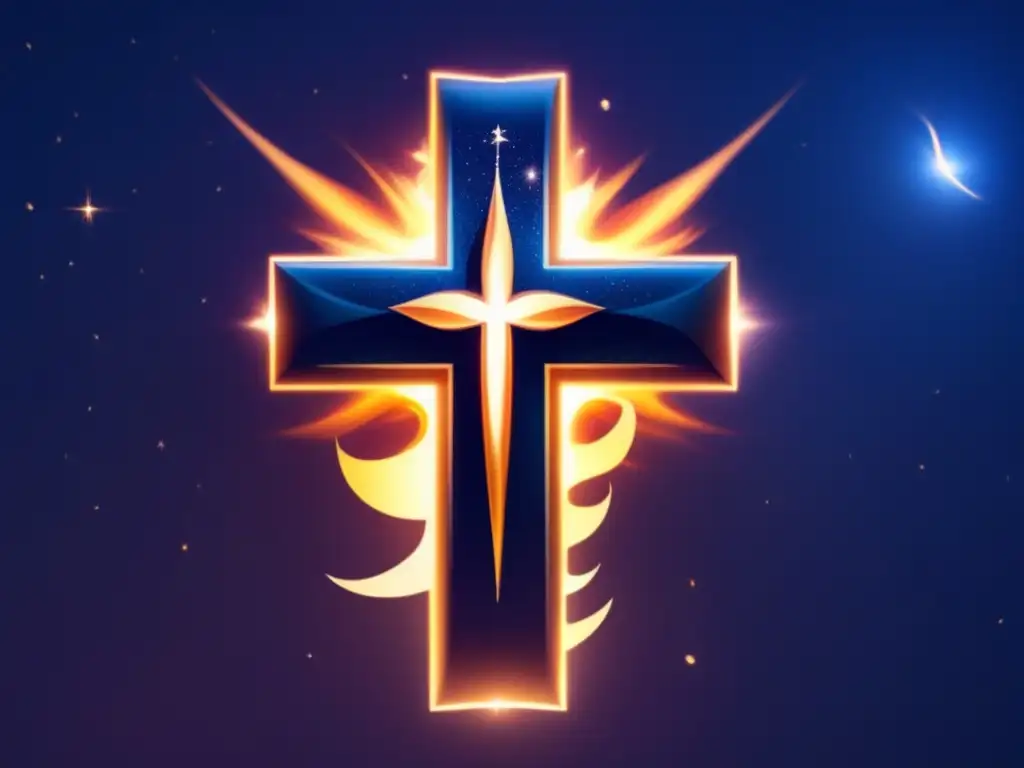 A celestial body in the shape of a cross, surrounded by senetlike symbols and flickering flames, emanating a halo from the top symbol
