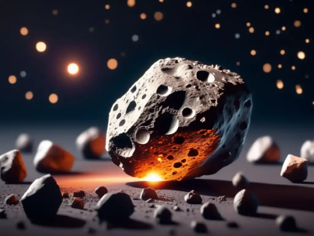 An electrifying closeup of multiple asteroids against an obsidian backdrop, illuminated by a radiant luminary in the distance