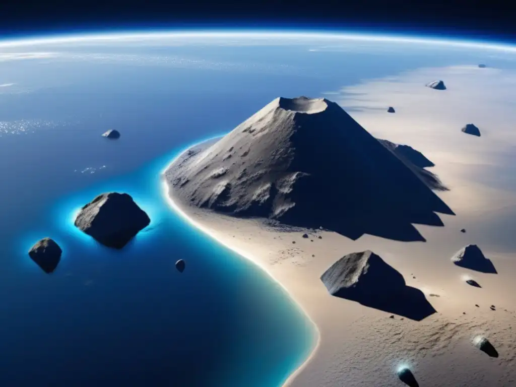 Through space, we glimpse into the realm of Pacific Ocean power, with asteroids visible, intricate patterns etched upon their surfaces