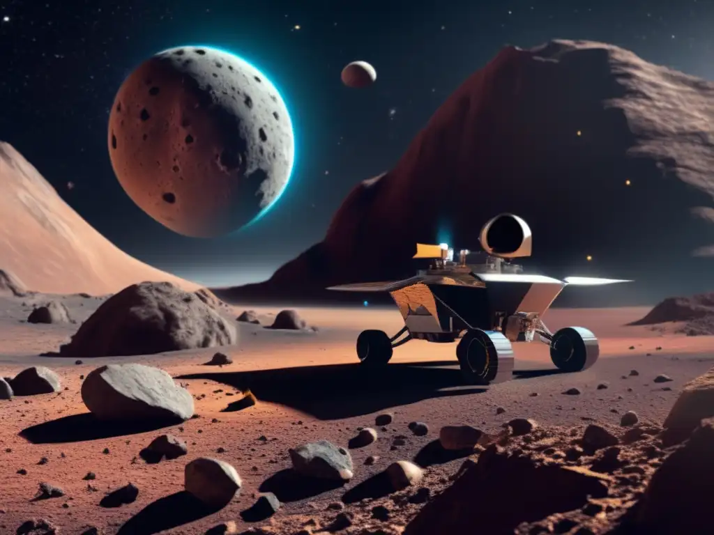 Marvel at the stunning detail of a spacecraft collecting samples from a vibrant micro asteroid surface, surrounded by intricate craters and rocks