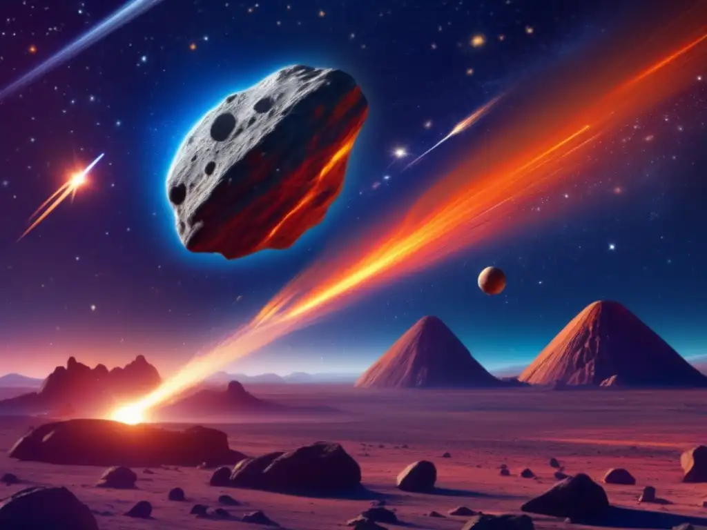Dash- An EXQUISITE, PHOTOREALISTIC depiction of a SWOOPING asteroid racing past a blazing meteor shower, EMBRACE a vibrant cosmos
