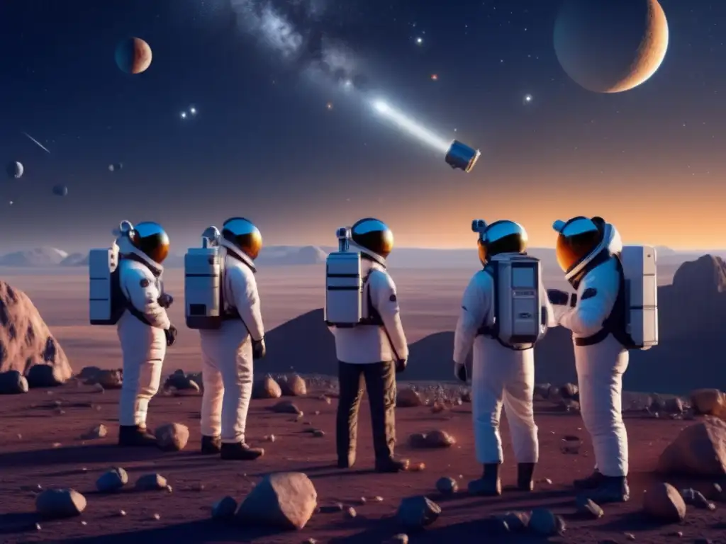A stunning team of scientists in cutting-edge telescopes scanning the night sky for asteroids in a photorealistic 8k ultradetailed image