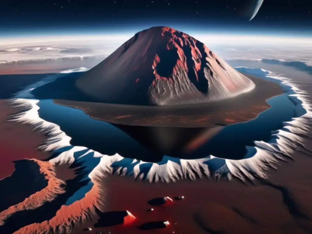 An immense asteroid looms over the Arctic landscape, casting long, icy shadows over the landscape as it hurtles towards a flat, open space