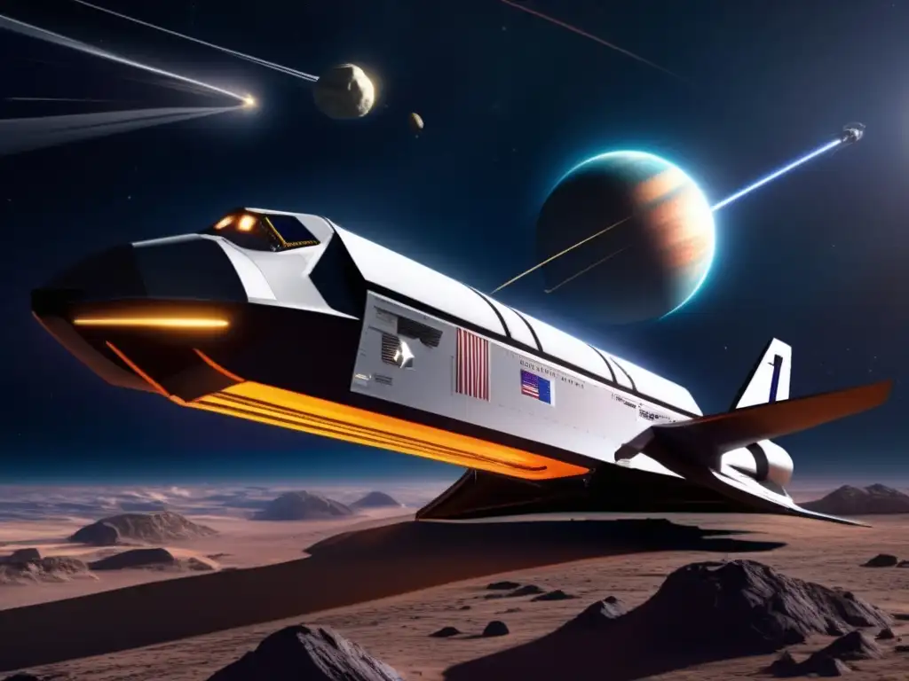 A cutting edge asteroid deflector shields a planetary defense spacecraft with cutting edge planetary defense technology, laser beams and a detailed closeup of its intricate design, below the header 'Planetary Defense Technology' in an informative article titled 'Planetary Shield: The Science Of Asteroid Defense