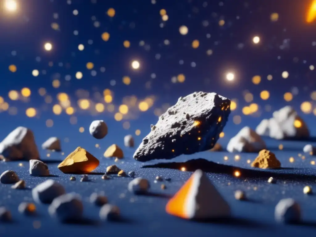Asteroid Mining: A Rocketeer's Journey A breathtaking closeup of a scattering of tiny asteroids in deep blue space, surrounded by the faint glimmer of nearby space stations