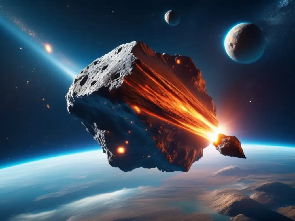 Asteroid Close-Call in Space - Photorealistic, Adjustable Lighting, and Vibrant Blue Background - High-Quality Image An image of an asteroid zooming through space, its jagged surface glistening in the light of a distant planet
