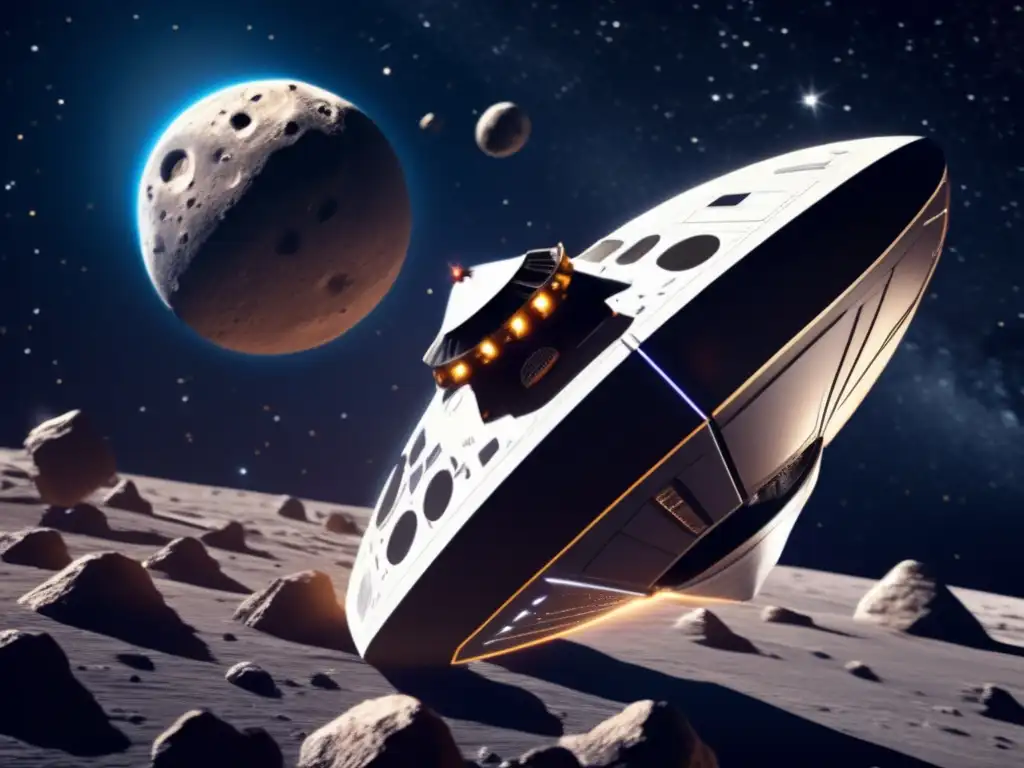 A stunning photorealistic depiction of a sleek spacecraft in orbit around a lush, intricately detailed asteroid