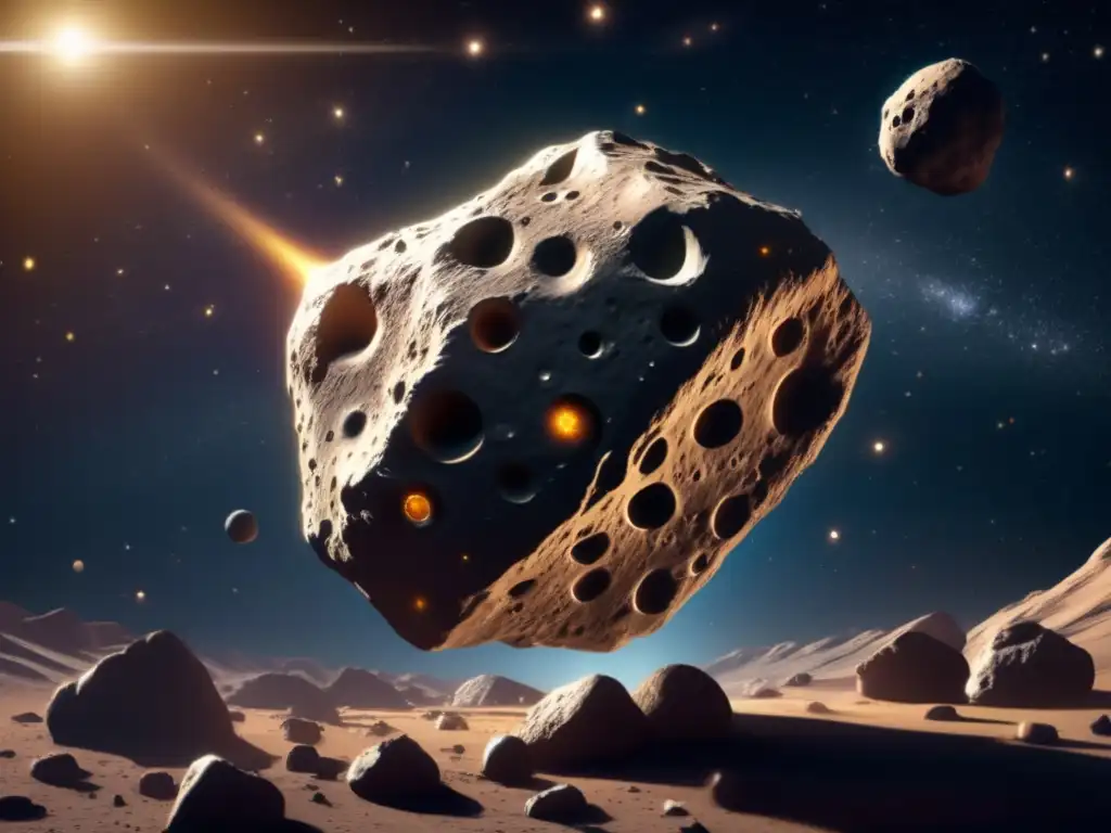 A Photorealistic Asteroid in Space: A Tribute to Cosmic Beauty A stunning photorealistic depiction of an asteroid in space, radiating a soft yellow glow from a cluster of bright stars in the background