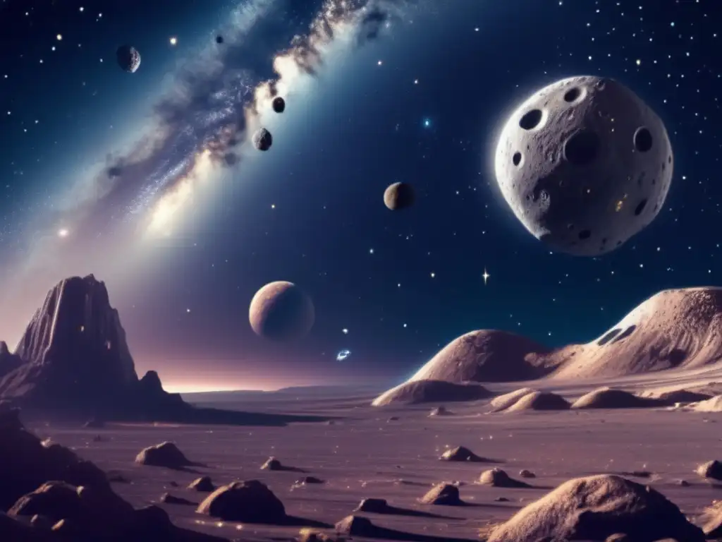 Asteroid Exploration: Closeup of Celestial Body A stunning image of the vast celestial space showcases an asteroid with intricate details and various craters, ridges, and valleys