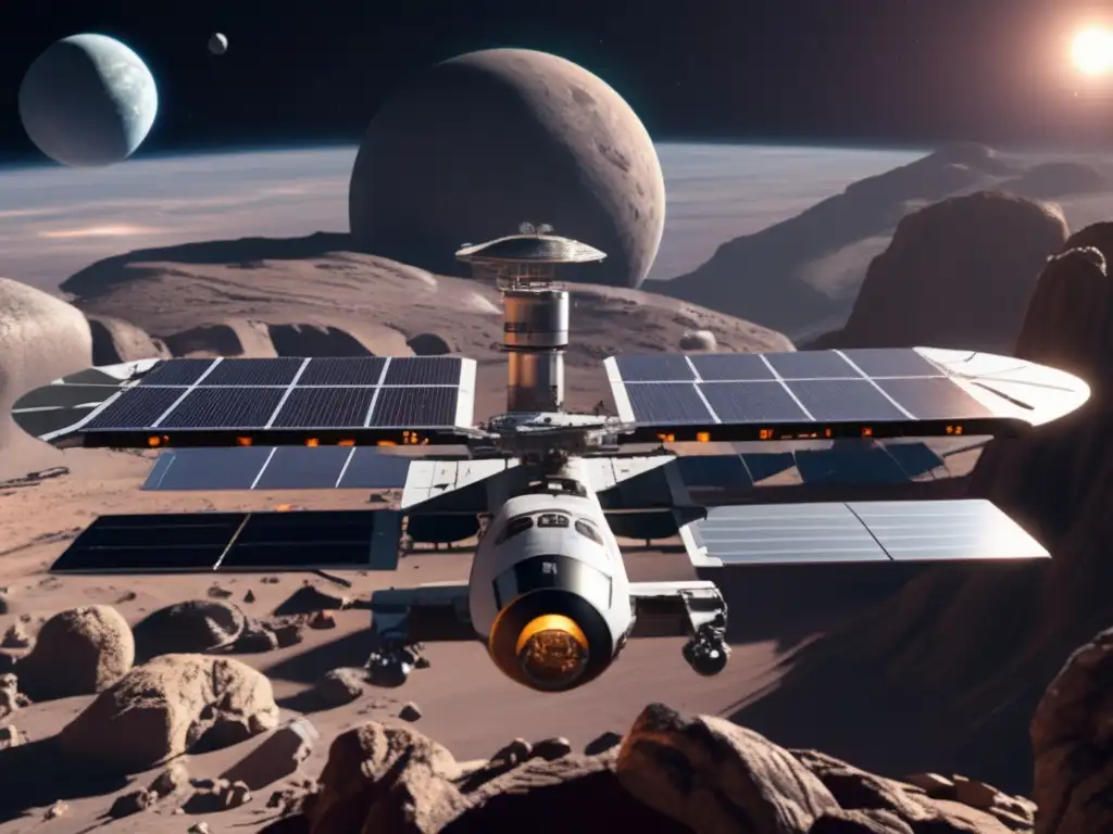 Orbital Miracle: A Photorealistic Asteroid Station A breathtaking photorealistic depiction of a space station in orbit around an asteroid, connected by bridges and train tracks