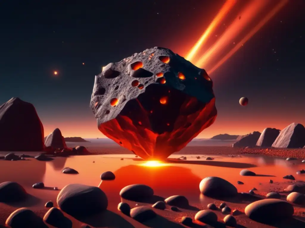Orbital Menagerie: Spiders on a Photorealistic Asteroid A photorealistic depiction of an asteroid, illuminated by an orangered glow emanating from its rugged surface
