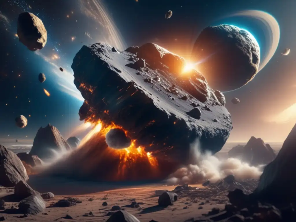 Awe-inspiring asteroid storm with swirling debris and brilliant light, capturing the chaotic beauty of the universe