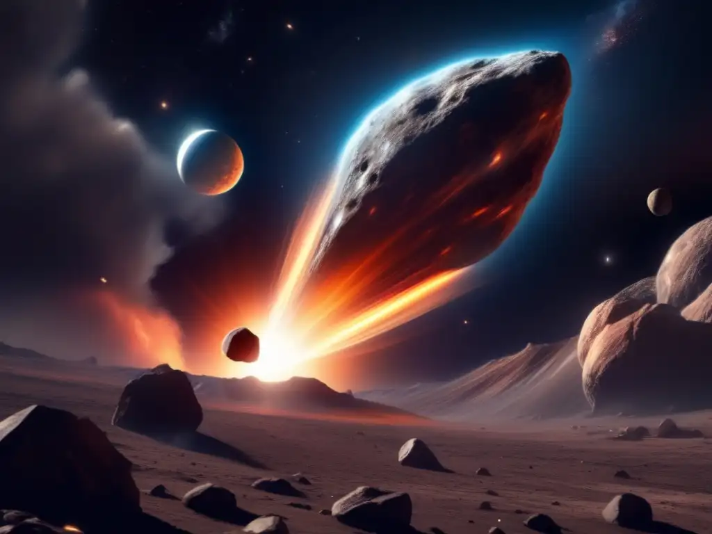 Asteroid Close Call: Dwarf Planet Gravitational Pull A brilliant, fiery asteroid burns a bright trail through the abyss, casting shockwaves and debris in its path