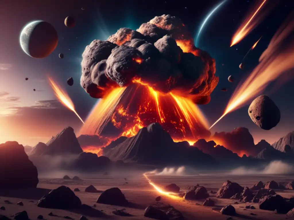 Planetary Armageddon: Asteroid Strike Devastates Small World A--- Photorealistic illustration of a cataclysmic asteroid strike on a small planet, with dramatic atmospheric effects and collateral damage