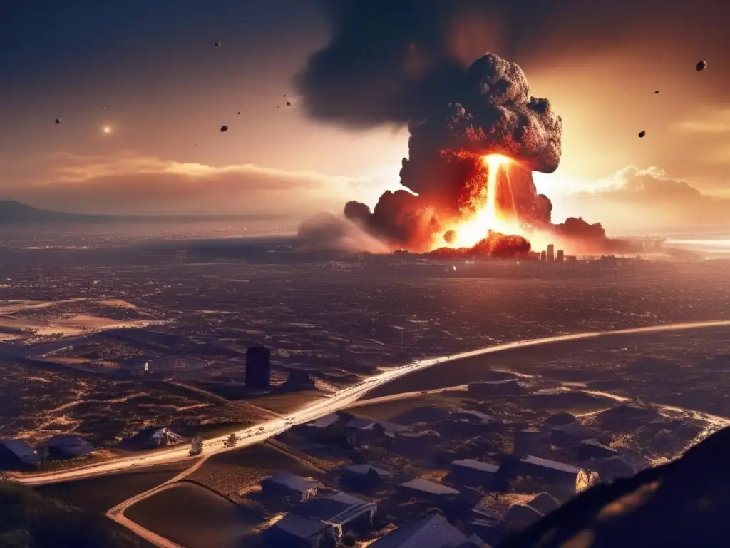 Asteroid Impact: 'The Aftermath of Destruction' - A somber post-apocalyptic scene of a city destroyed by an asteroid impact as depicted in 'The Children's Hour'