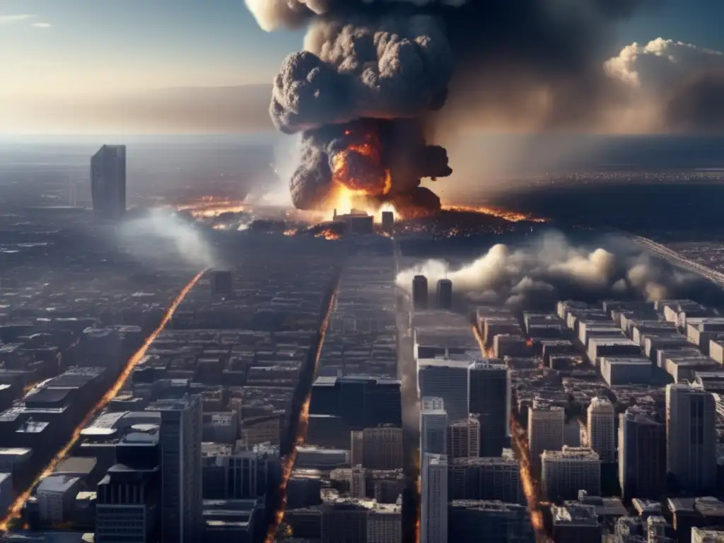 A devastating asteroid strike has caused chaos in this urban cityscape, with debris, smoke, and fires spreading across the landscape