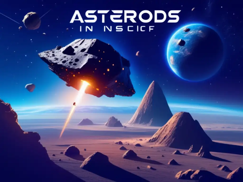 A spacecraft approaches a colossal asteroid with jagged edges, drones flying around to collect samples