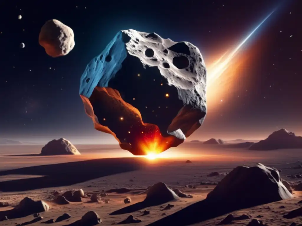 Peering into the Depths: Exploring the Mysterious Asteroid An artist's depiction of an asteroid in the deep expanse of space, with jagged surfaces and bright spots, holds the potential for undiscovered secrets, with the promise of knowledge just out of reach