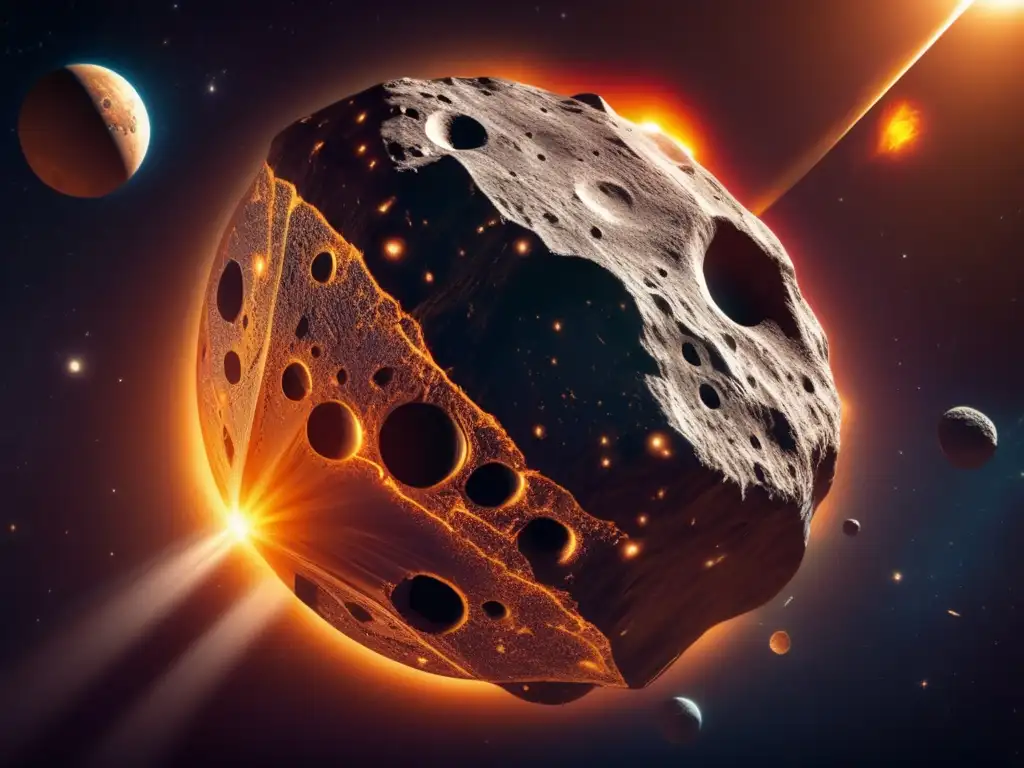 A mesmerizing large asteroid orbits around the sun, its intricate patterns and details portraying the myths and legends associated with it