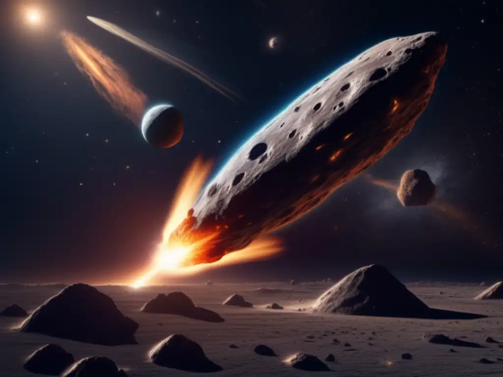 Asteroid Encounter: Unveiling the Texture of the Universe A breathtaking image captures the essence of the cosmos with a realistic sun and cloud of cosmic dust surrounding a large asteroid