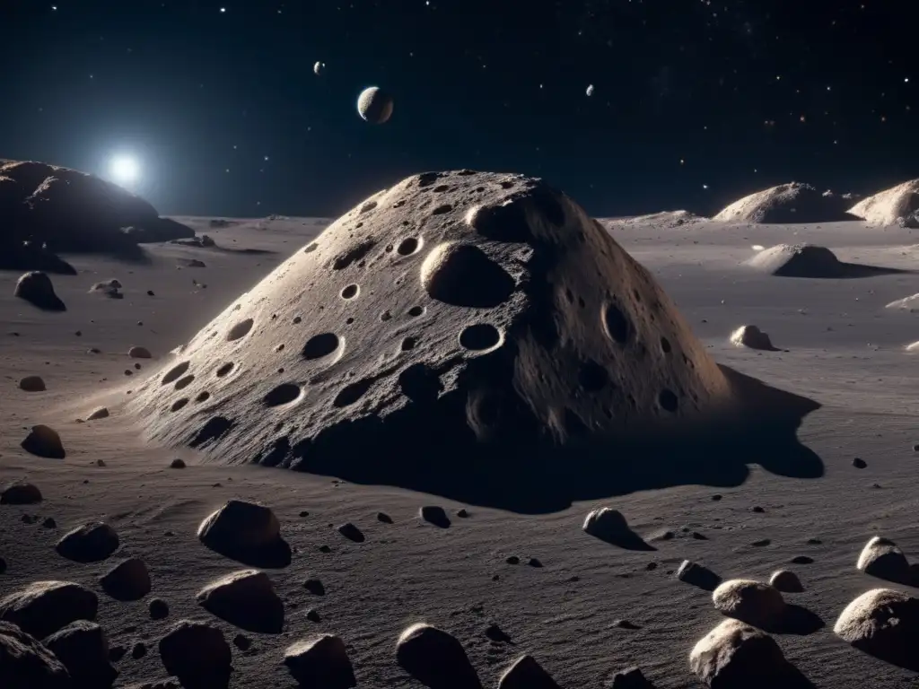 A stunning photorealistic depiction of the asteroid's surface, with intricate craters and ridges, surrounded by the vast, deep expanse of space