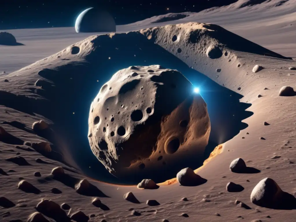 Isolated Asteroid: A Photorealistic Closeup in Space An immersive photorealistic rendering of a close-up asteroid depicts rugged terrain, profound craters, and primitive rock formations